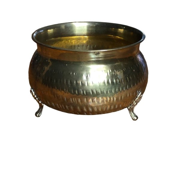 Vintage Hammered Brass Bowl Planter w Feet India Patina Cauldron 5"H 7" Diameter - Picture 7 of 12